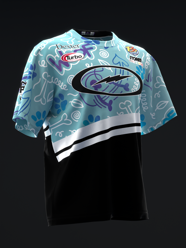 Light blue bowling jersey with abstract pattern, black lower panel, white stripe detail