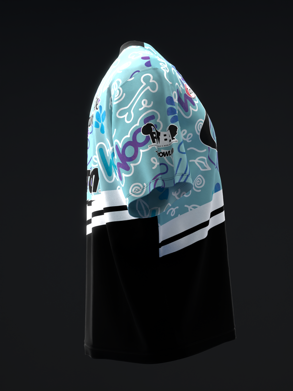 Black bowling jersey with light blue graphic panel featuring purple and cyan abstract design
