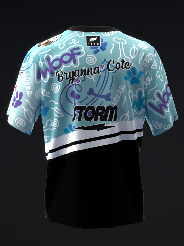 Bowling jersey back view with turquoise patterned top, black bottom, silver stripe details