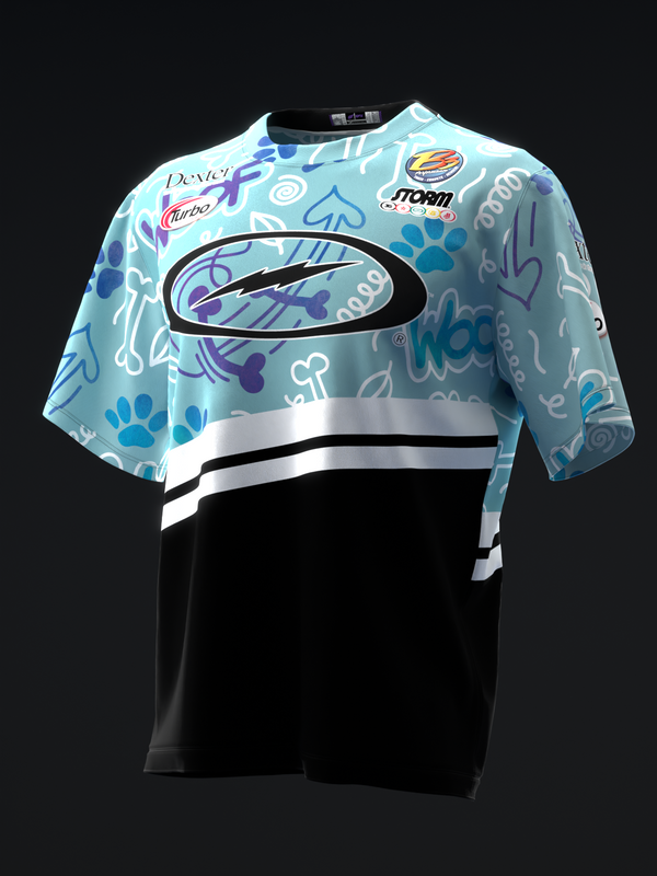 Light blue bowling jersey with paw prints and sponsor logos, black lower torso