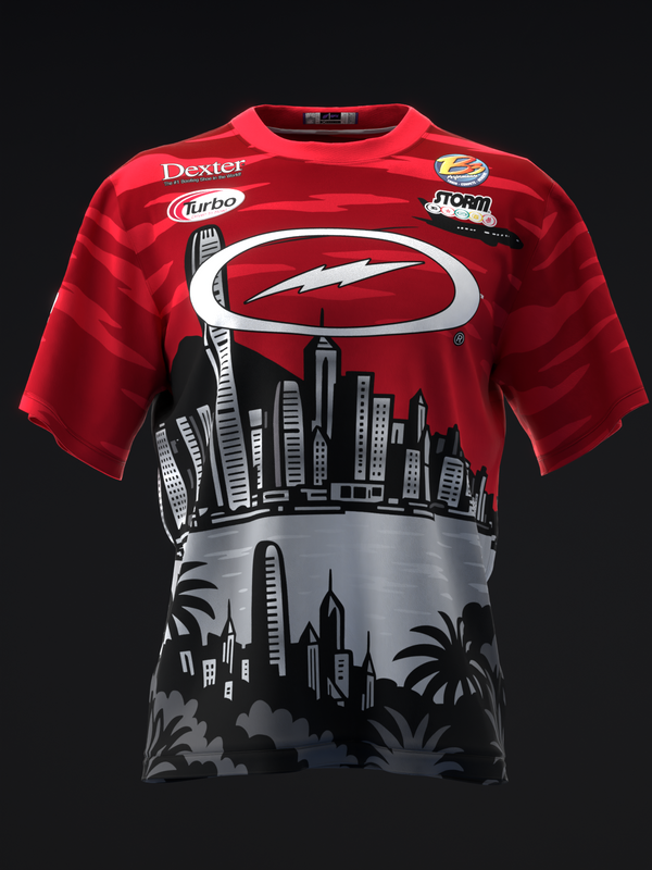 Red bowling jersey with cityscape graphic and white oval logo design front view