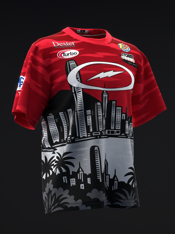 Red bowling jersey with cityscape and lightning bolt graphic on front
