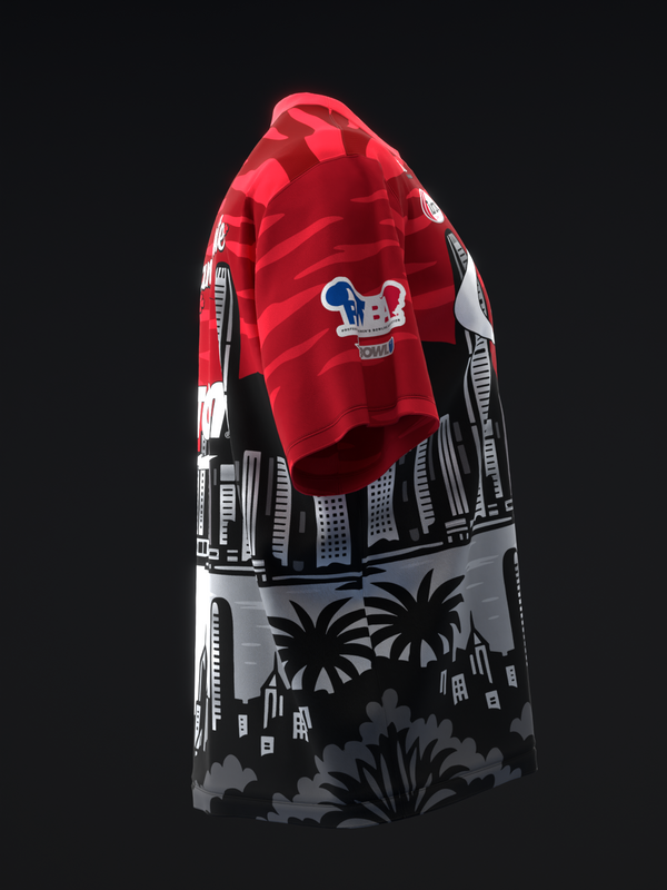 Red and black bowling jersey with Hong Kong cityscape and palm tree graphic