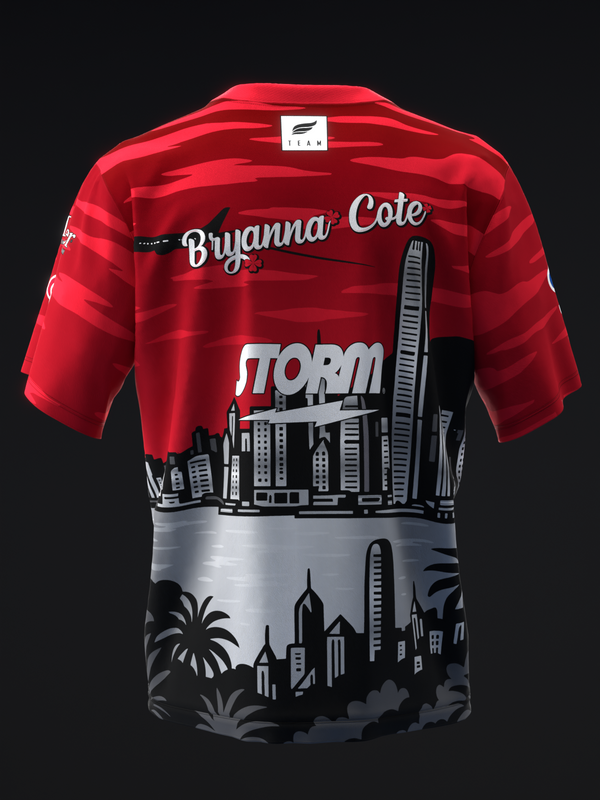 Red and white bowling jersey with cityscape and storm graphics on back