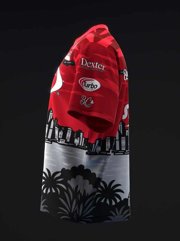 Red bowling jersey with Dexter and Turbo logos, cityscape and palm tree graphics