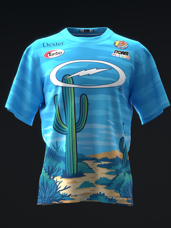 Light blue bowling jersey with desert landscape and saguaro cactus graphic, front view