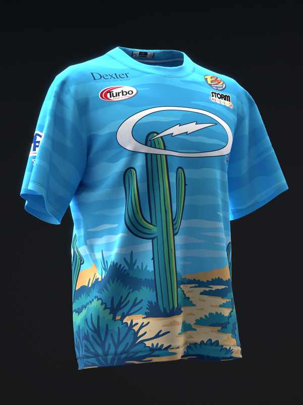 Light blue bowling jersey with desert cactus and sunset graphic, front view