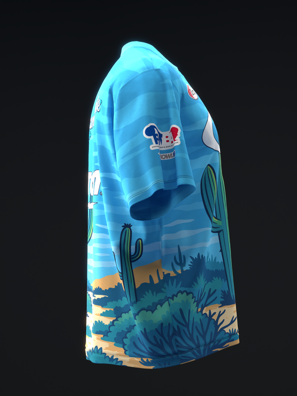 Light blue bowling jersey with desert landscape and cactus graphics on side view