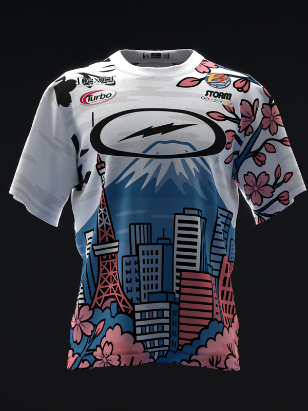 White bowling jersey with cityscape, lightning bolt logo, and pink floral design throughout