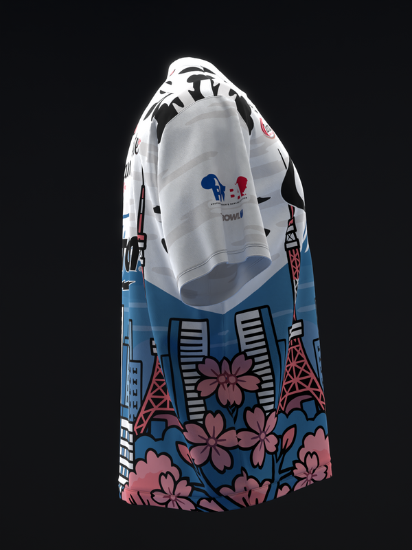 White and blue bowling jersey with pink floral and Eiffel Tower graphic design