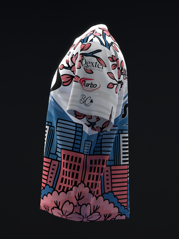 White and blue bowling jersey with pink floral and cityscape graphic design