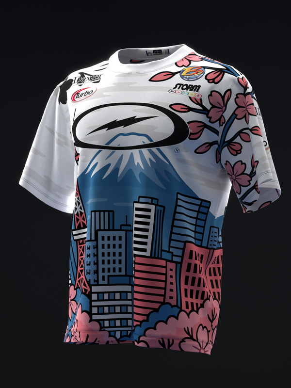 White bowling jersey with cityscape, mountain, and pink floral graphic design