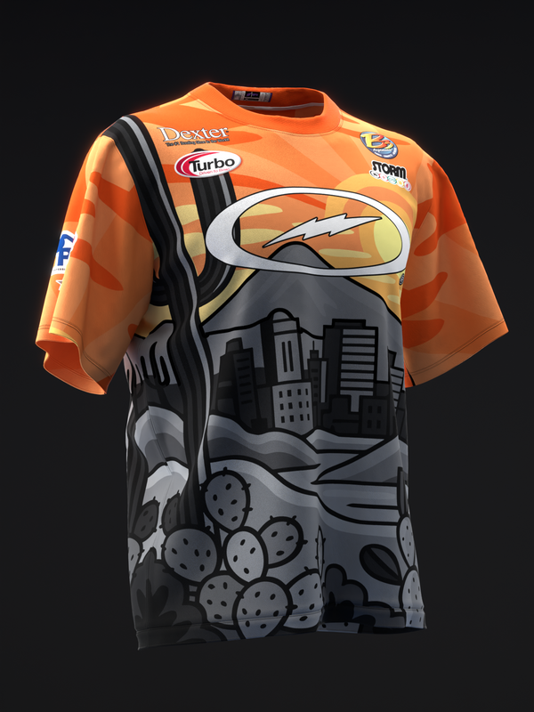 Orange and black bowling jersey with cityscape and bowling ball graphic
