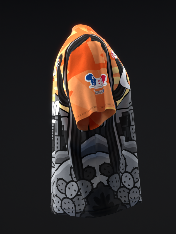Black and orange bowling jersey with bowling pins graphic design, front view