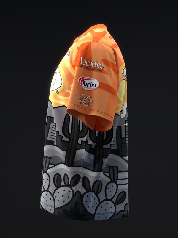 Orange Dexter bowling jersey with cactus and desert-themed graphic print, front view