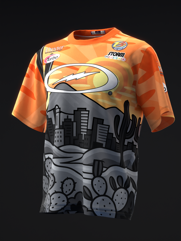 Orange bowling jersey with desert cityscape and cactus graphic design