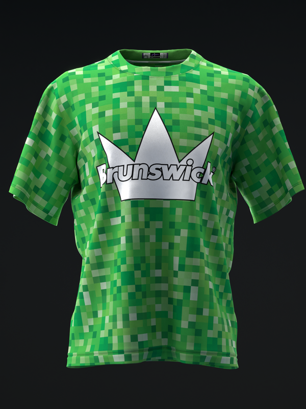 Green pixelated bowling jersey with white crown and Brunswick text graphic, front view