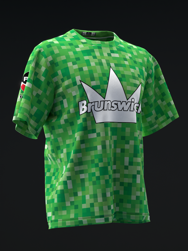 Green pixelated bowling jersey with Brunswick crown logo, front view
