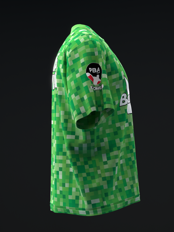 Green pixelated bowling jersey with PBA logo and white accents, side view