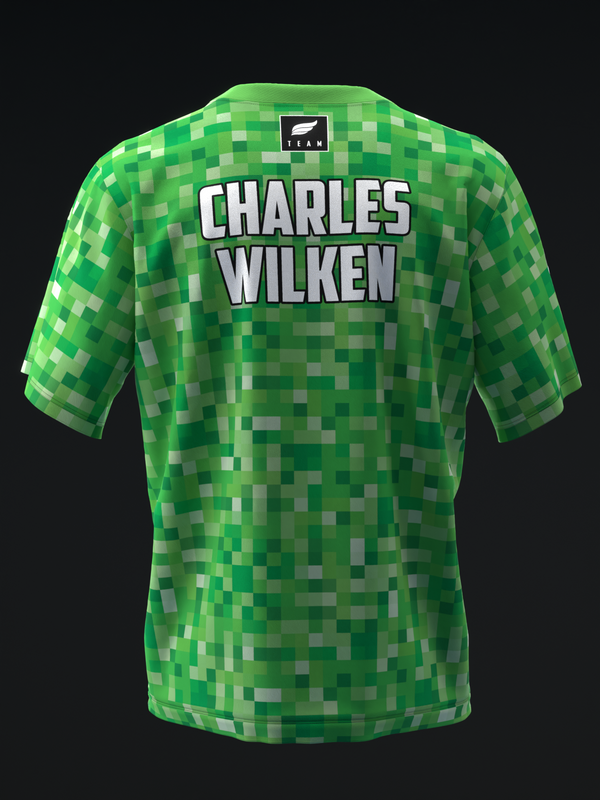 Green pixelated bowling jersey with Charles Wilken name on back