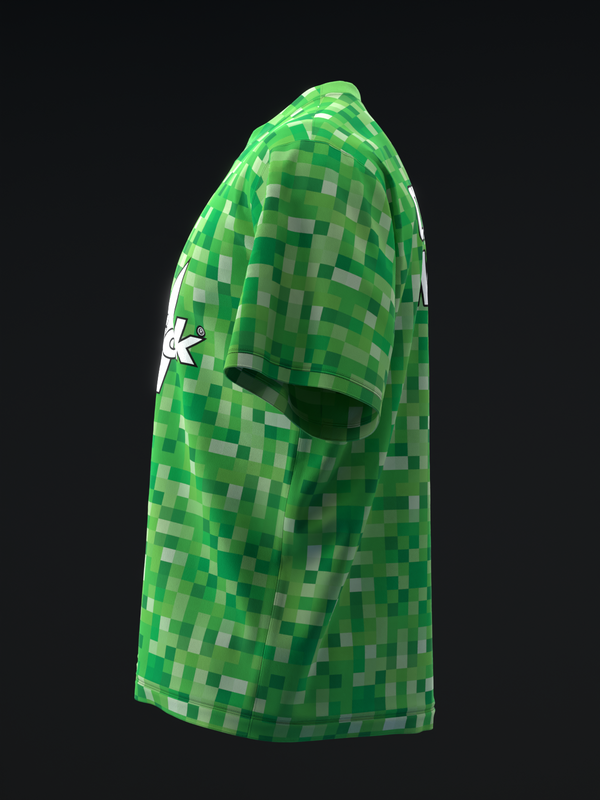 Green pixelated bowling jersey with white logo on side view