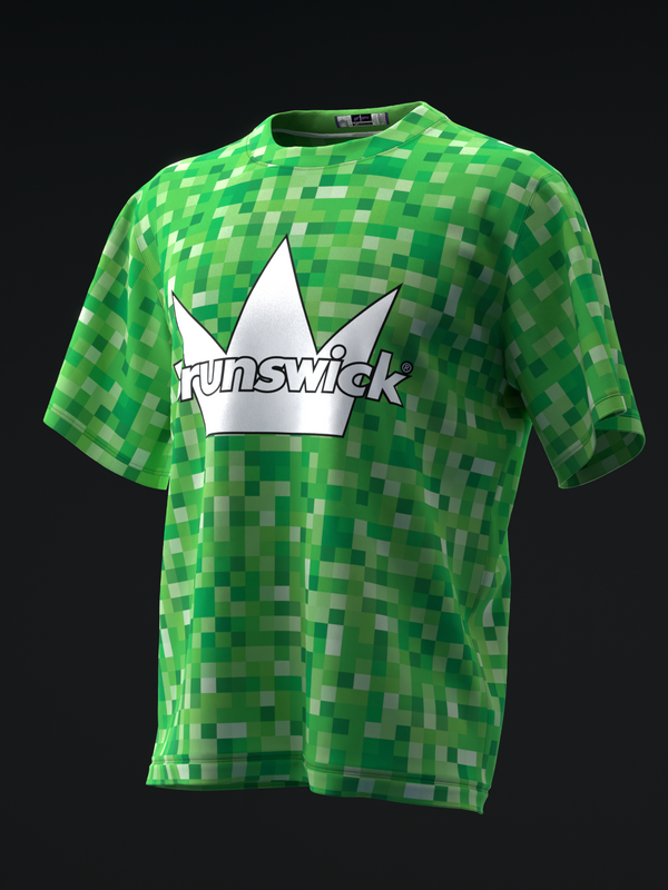 Green pixelated bowling jersey with white crown and Brunswick text logo
