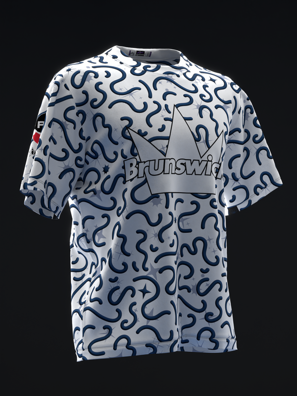 White bowling jersey with navy squiggle pattern and Brunswick star logo, front view