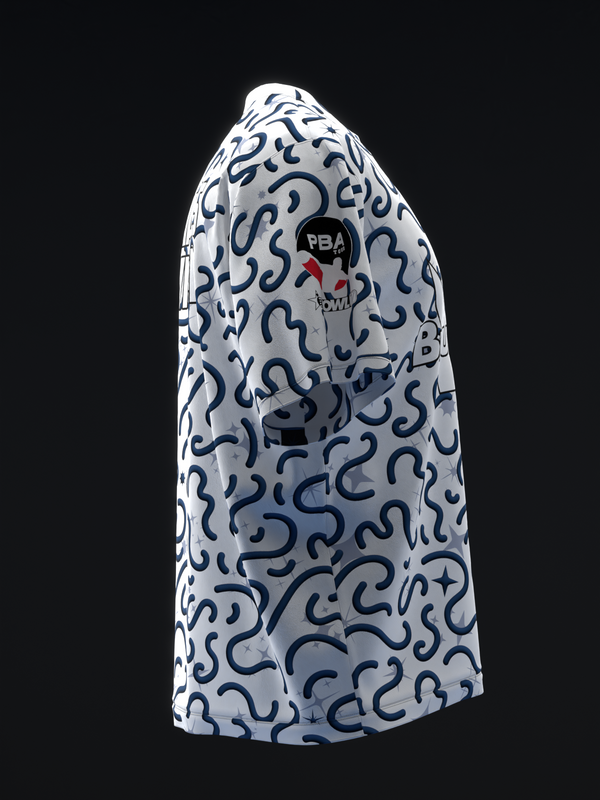 White bowling jersey with navy squiggle pattern and PBA logo, side view