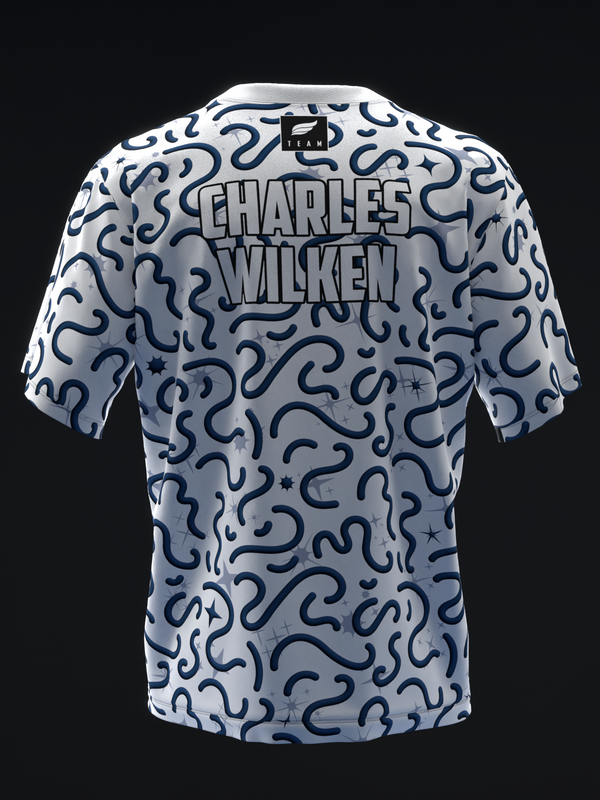 White bowling jersey with navy squiggle and star pattern, back view