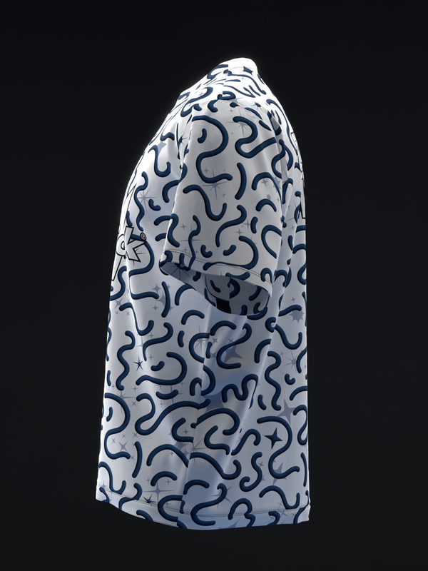 White bowling jersey with navy wavy squiggle pattern, side view