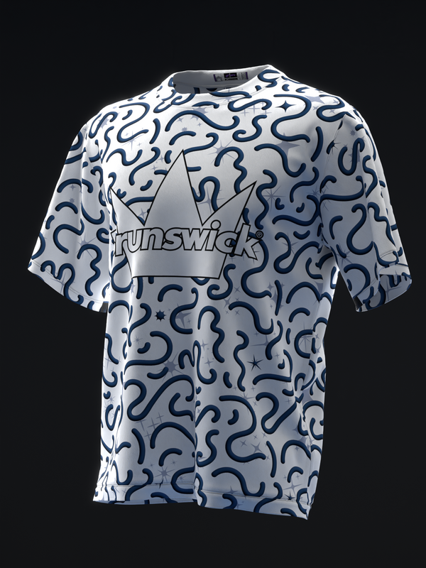 White bowling jersey with navy squiggle and star pattern, front view