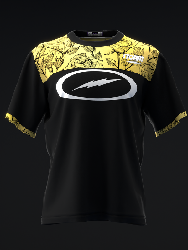 Black bowling jersey with yellow floral yoke and white oval logo graphic