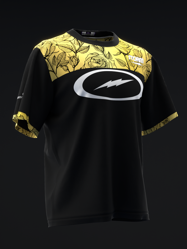 Black bowling jersey with yellow floral yoke and white oval logo front view