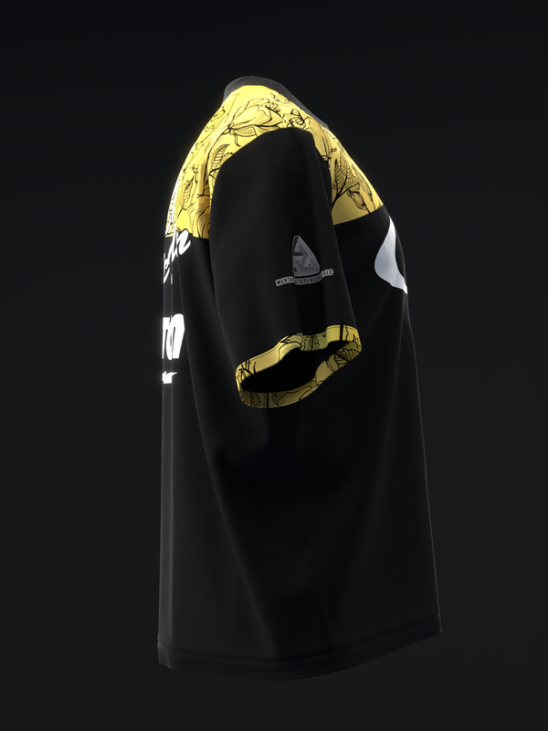 Black bowling jersey with gold floral design and white accents, front view