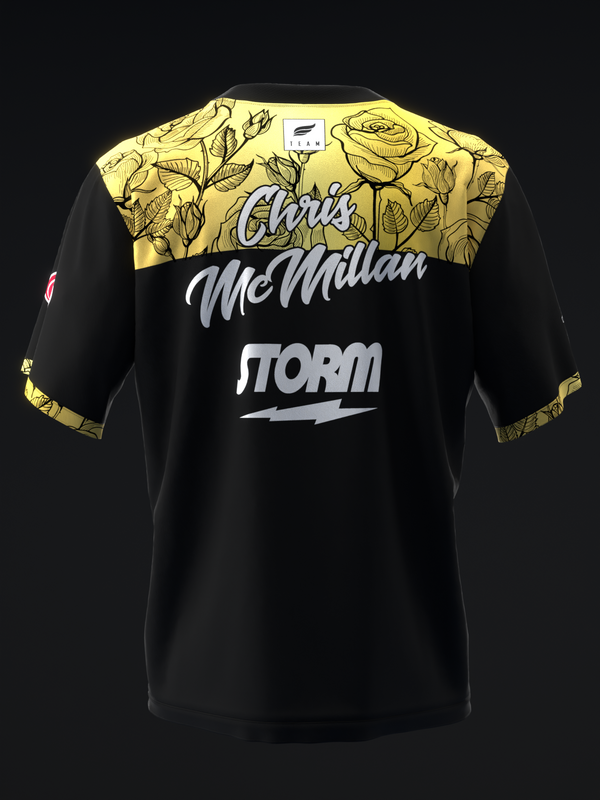Black bowling jersey with yellow floral yoke and text graphic front view