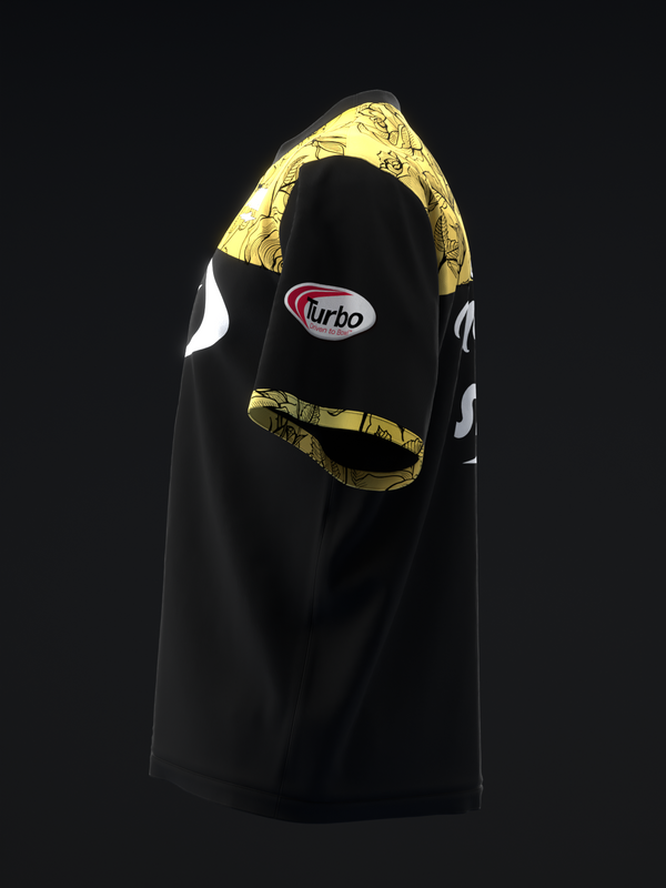 Black bowling jersey with gold floral sleeves and Turbo logo, front view