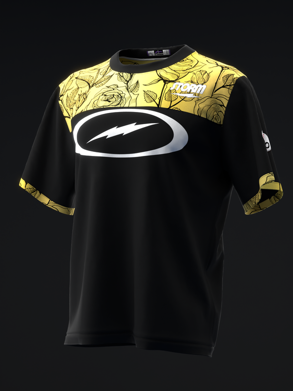Black bowling jersey with yellow floral yoke and white oval logo