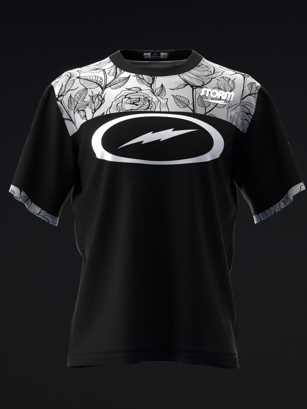 Black bowling jersey with white oval logo and floral patterned shoulder panels, front view