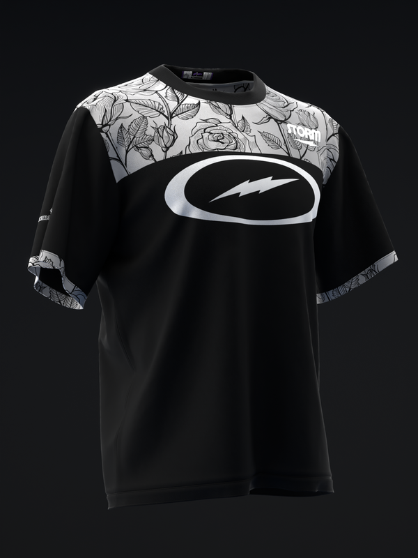 Black bowling jersey with white floral yoke and oval logo, front view