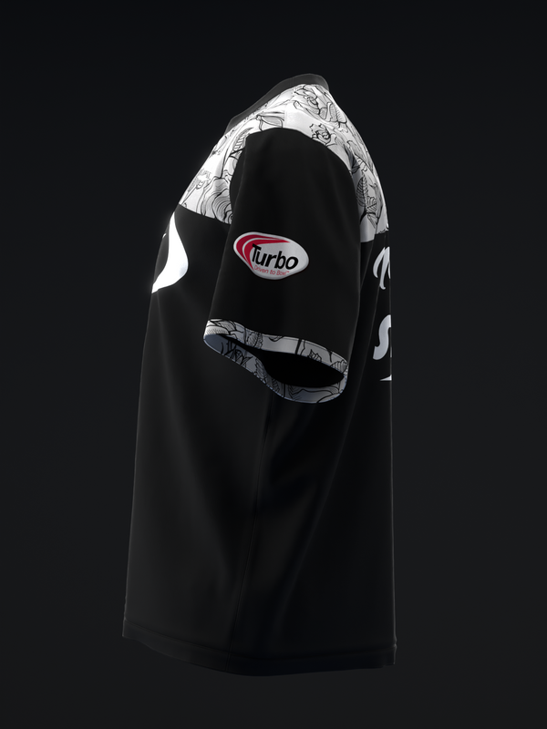 Black bowling jersey with white floral sleeves and red Turbo logo, front view