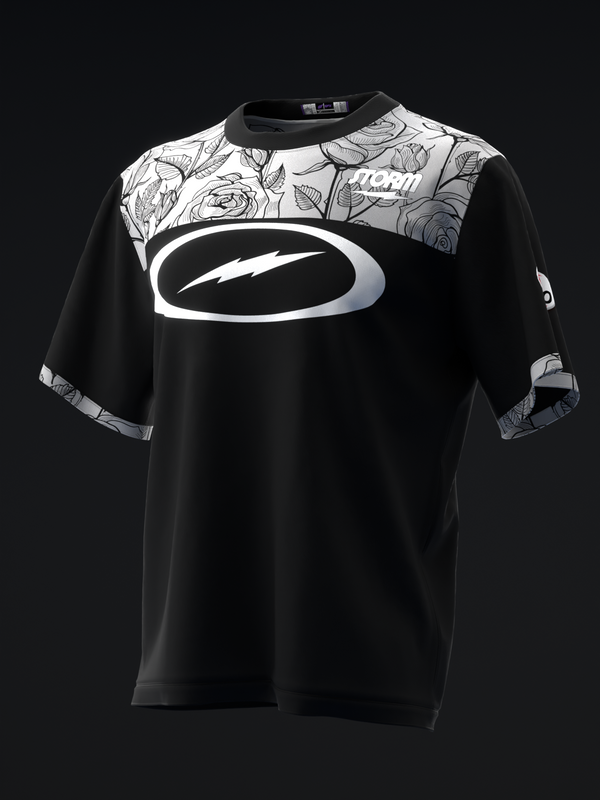 Black bowling jersey with white oval logo and floral patterned shoulders, front view