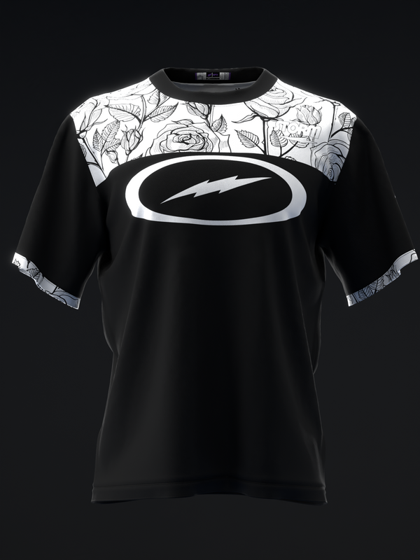 Black bowling jersey with white floral yoke and white oval logo on chest, front view