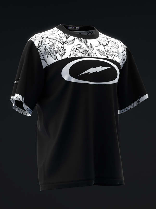 Black bowling jersey with white floral yoke and oval logo graphic, front view