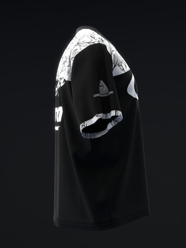 Black bowling jersey with white floral sleeves and arm accents, front view