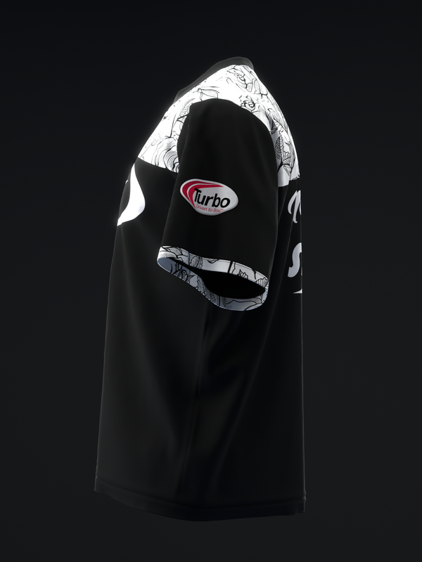 Black bowling jersey with white floral sleeves and red Turbo logo