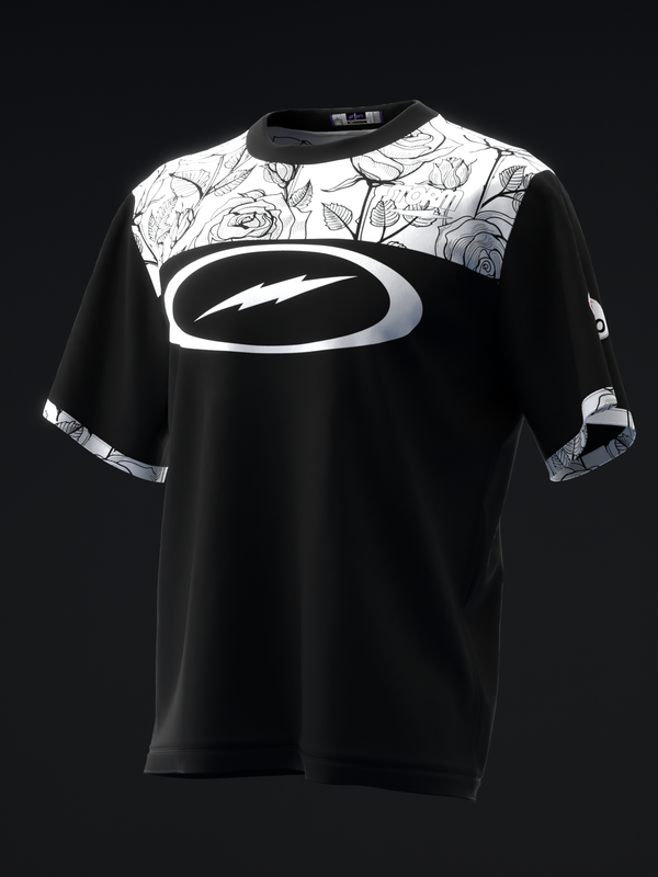 Black bowling jersey with white floral yoke and center oval logo design