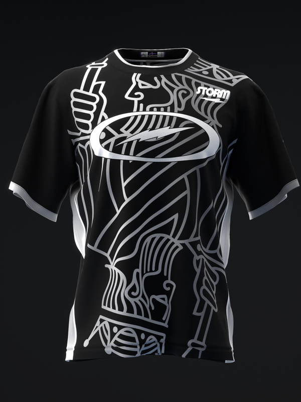 Black bowling jersey with white abstract graphic design and storm text