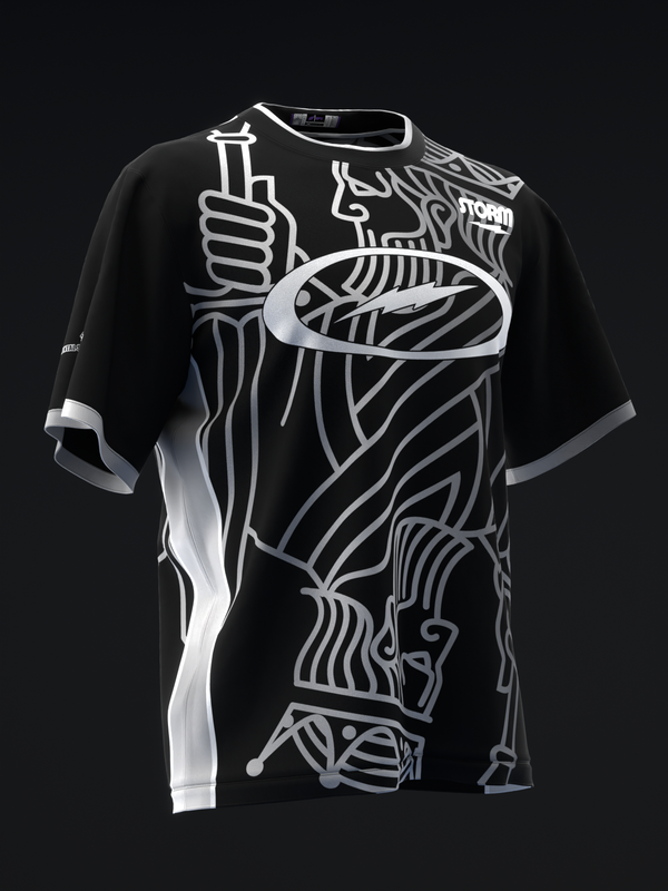 Black bowling jersey with white abstract graphic design and side stripe detail
