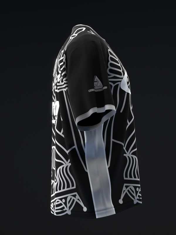 Black bowling jersey with white geometric line pattern on sleeves, front view