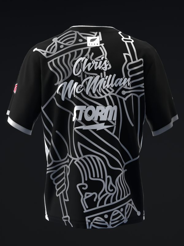 Black bowling jersey with white and gray abstract line art design and text